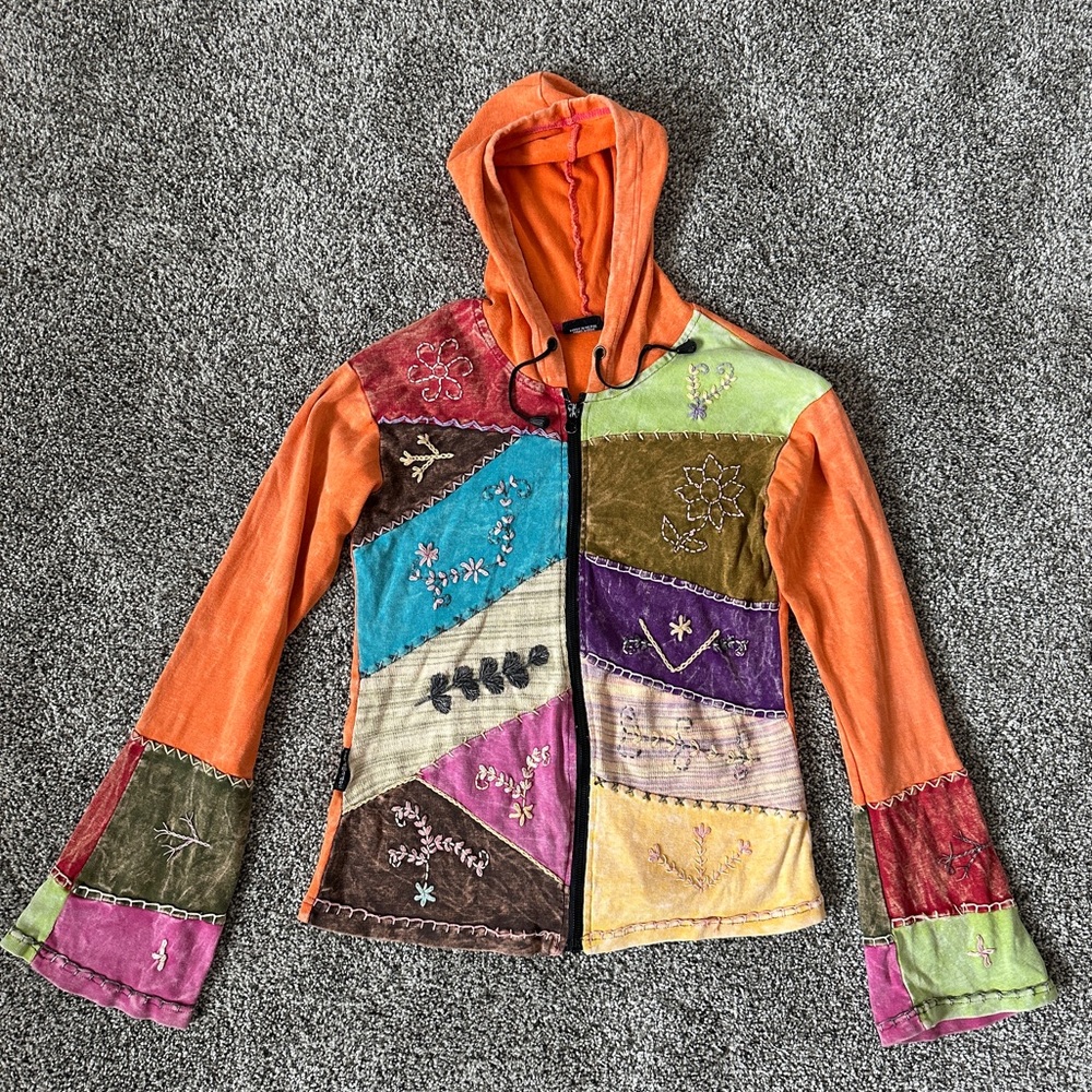 Himalayan Handmade vintage boho embroidered design flared sleeves hoodie